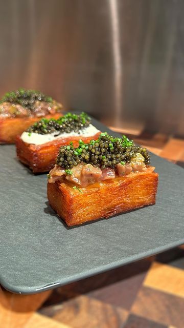 Notorious Foodie on Instagram: "Home Cooking Sessions: Confit Potato, topped with wagyu tartare and @exmoorcaviar . An incredible bite. Just outrageous. Full recipe below! 👇🏽🤤 - 1. Chop 300g of beef tenderloin into small cubes - I used some A4 wagyu tenderloin from @fineandwild - freeze it for 30 mins so it’s easier to cut! 2. Finely chop: half a shallot, 1tsp capers, 2 anchovy fillets, 4 cornichons, bunch of parsley, chives 3. Add this to a plate along with the beef + 1tbsp Dijon, olive oil, Wagyu Steak Appetizer, Beef Confit Recipes, Wagyu Beef Tartare, Beef Tartare Canape, Beef Fillet Fine Dining, Beef Tartare Fine Dining, Fine Dining Canapes, Small Plates Food Ideas, Italian Nyc