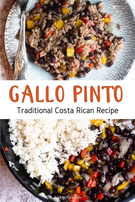 This recipe from Costa Rica was probably my favorite recipe to come out of the country! Gallo Pinto is a rice and beans dish from Costa Rica. It’s made with white rice, black beans, some peppers, and then the special ingredient, Lizano. Eggs And Tortillas, Gallo Pinto Recipe, Rice Black Beans, Costa Rican Food, Zone Recipes, Gallo Pinto, Rice And Beans Recipe, White Rice Recipes, Black Beans And Rice