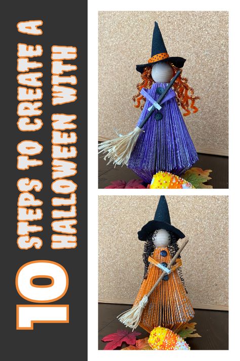 FREE Tutorial - 10 Steps To Create a Paperback Book Folded Halloween Witch How To Make A Book Witch, Book Witch Diy, Book Art Tutorial, Book Folding Patterns Free, Adult Activities, Folded Book Art Pattern, Deco Halloween, Dolls Handmade Diy, Book Christmas Tree