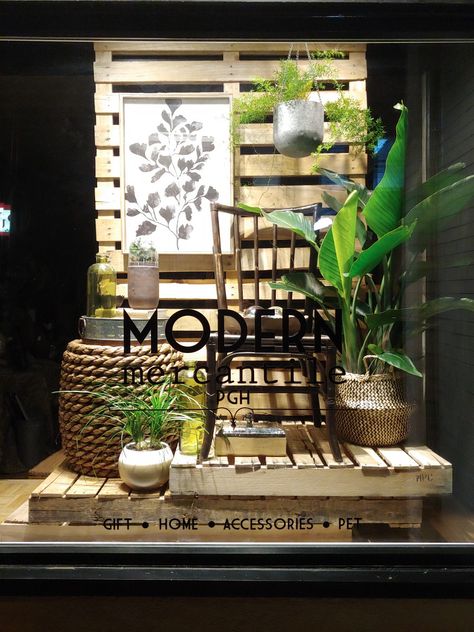 Modern garden window.2019 Retail Windows Store Fronts, Window Display Home Decor, Retail Window Display Ideas Spring, Home Store Window Display, Window Display Retail Store Fronts, Candle Shop Window Display, Homeware Window Display, Furniture Shop Window Display, Modern Window Display