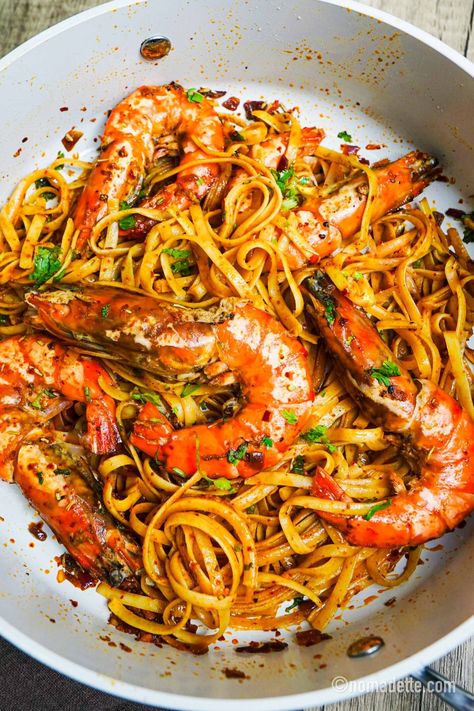 Spicy Buttered Prawn Pasta - Nomadette Thai Glass Noodle Salad, Pasta Packet, Rose Pasta, Glass Noodle Salad, Prawn Pasta, Prawn Shrimp, Shrimp And Rice, Spaghetti Pasta, Minced Meat