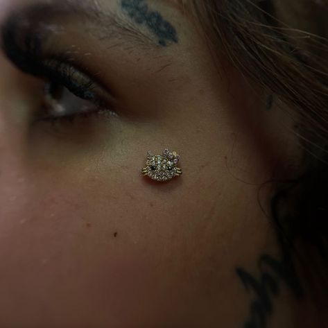 #piercing #hellokittycollection #hellokittyaddict #facepiercing #bodyjewlery Hello Kitty Back Dermals, Star Dermal Piercing, Lambert Piercing, Gold Dermal Piercing, Facial Piercings Black Women, Christina Piercing Location, Dermal Face Piercing, Chest Dermal Piercing, Dermal Piercing Face