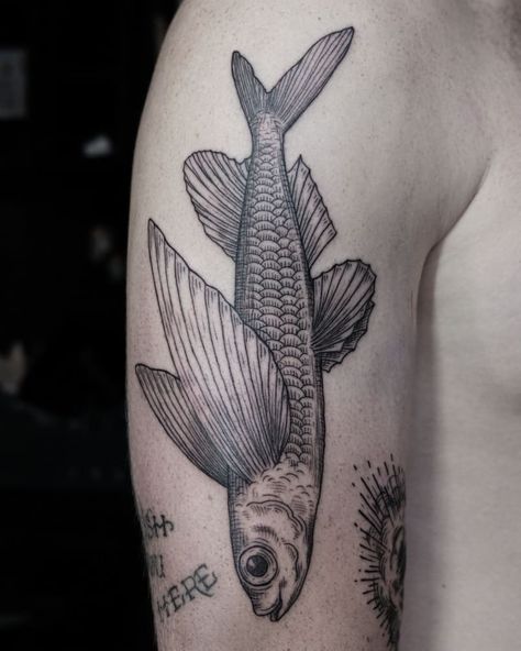 Flying Fish Tattoo, Fish Tattoo Ideas, Betta Fish Tattoo, Fishing Tattoos, Koi Tattoo, Baby Fish, Hand Poked Tattoo, Flying Fish, Fish Tattoo