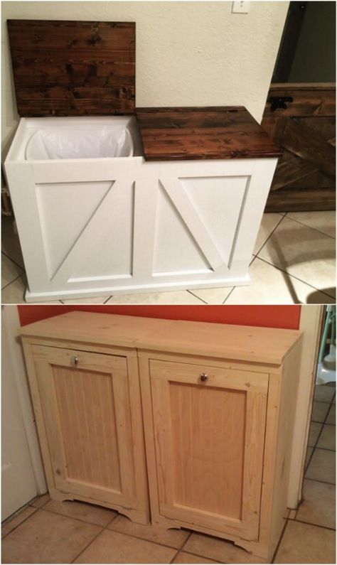 DIY Double Bin Recycling Station - 20 DIY Home Recycling Bins That Help You Organize Your Recyclables Garbage Bin Storage Indoor, Double Garbage Can Cabinet Diy, Indoor Bin Storage Ideas, Double Trash Can Cabinet Diy, Diy Wooden Trash Can Holder, Recycling Station Kitchen, Diy Recycling Station, Trash Can Storage Kitchen Diy, Recycling Station Ideas