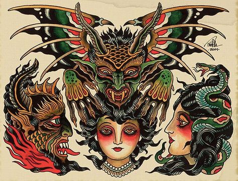 Theo Mindell, Spider Murphy, Vintage Style Tattoos, Old School Traditional, Devil Tattoo, Flash Sheets, Demon Tattoo, Traditional Tattoo Sleeve, Old School Tattoos