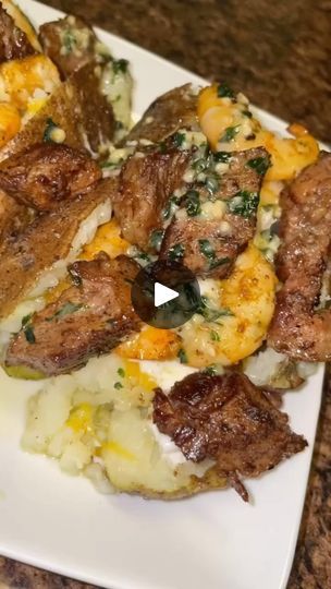 Loaded Potatoes, Steak Shrimp, Potatoe Recipes, Steak And Shrimp, Loaded Potato, Loaded Baked Potatoes, Video Recipes, Potato Side Dishes, December 30