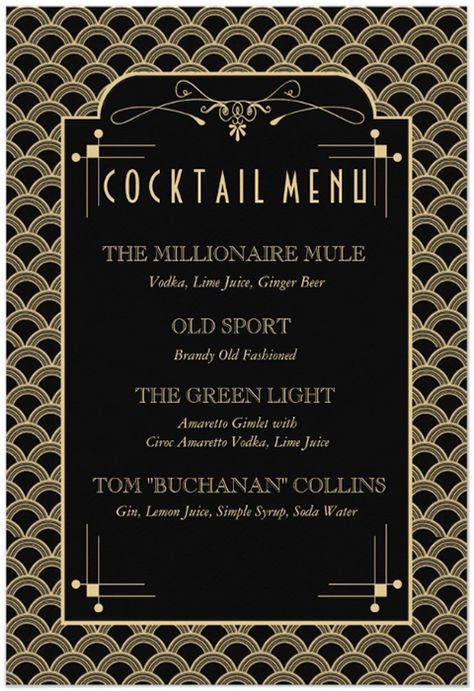 Great Gatsby Cocktail Menu Gatsby Birthday Party, Prohibition Party, Gatsby Gala, Speakeasy Party, Menue Design, Art Deco Cocktail, Great Gatsby Theme, 20s Party, Roaring 20s Party