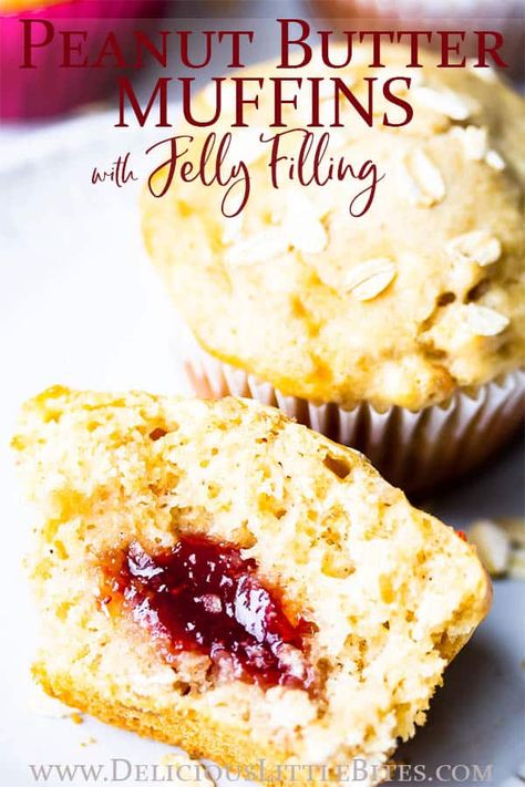 Peanut Butter Muffins are a fun, delicious spin on PB&J. These easy recipe will give you tender, moist muffins are loaded with peanut butter flavor and filled with a sweet jelly surprise in the center. They are a healthy muffin option made with whole grain oatmeal and no butter or oil. | #muffins #peanutbutter #peanutbutterrecipes #peanutbuttermuffins #muffinsrecipes #pbj Whole Grain Oatmeal, Butter Muffins, Healthy Muffin, Peanut Butter Muffins, Moist Muffins, Easy Gluten Free Desserts, Homemade Snickers, Homemade Muffins, Easy No Bake Desserts