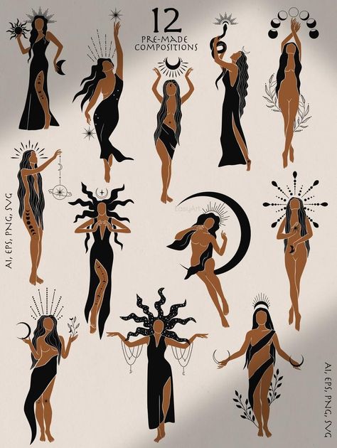 Deity Drawing, Mystic Tatoos, Mystical Illustration, Mystic Woman, Goddess Drawing, Women Clipart, Mode Poses, Mystic Art, Mystic Illustration