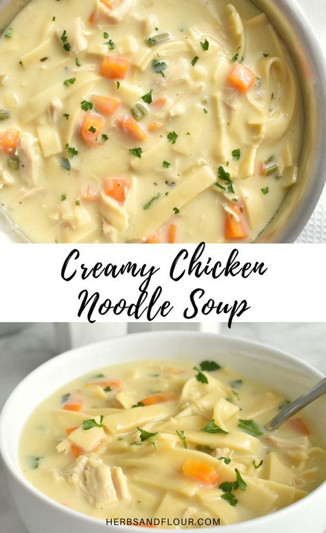 Chicken Needle Soup, Soup Using Rotisserie Chicken, Use Up Rotisserie Chicken, Easy Creamy Chicken Noodle Soup, Easy Creamy Chicken, Rotisserie Chicken Soup, Chicken Soup Recipes Homemade, Creamy Chicken Noodle, Chicken Soups