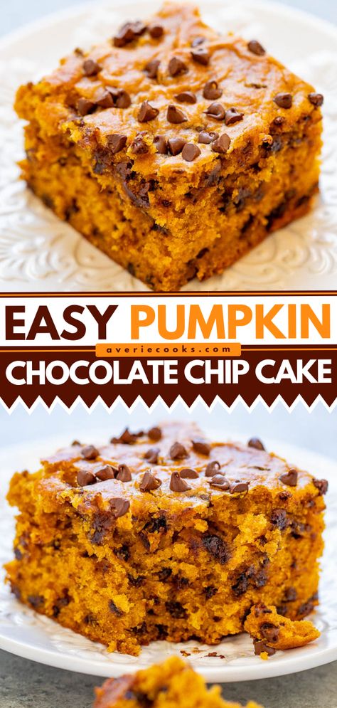 Pumpkin Chocolate Chip Cake - Averie Cooks Pumpkin Chocolate Chip Cupcakes Easy, Chocolate Chip Spice Cake, Pumpkin Chocolate Chip Desserts, Pumpkin Cake With Chocolate Chips, Chocolate Chip Pumpkin Cake, Pumpkin Chocolate Chip Recipes, Pumpkin Chocolate Desserts, Pumpkin Chocolate Dessert, Healthy Pumpkin Cake