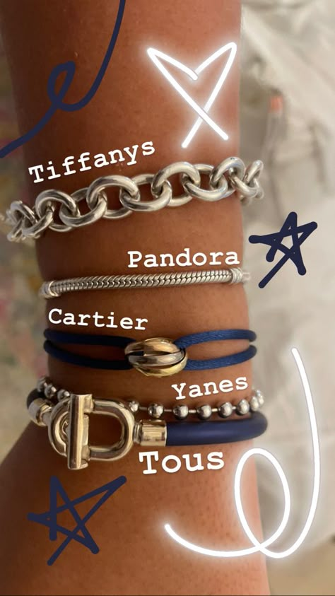 Silver Jewelry Pandora, Navy Blue Bracelet, Blue Bracelet Stack, Pandora Bracelet Stack, Jewelry Silver Aesthetic, Silver Cartier Bracelet, Tiffany Bracelet Stack, Pandora Bracelet Aesthetic, Pandora Stack