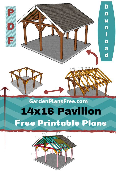 If you want to learn more about 14×16 outdoor pavilion plans you have to take a close look over the free plans in the article. This large pavilion has a gable roof with a 30 degree slope, so you can build it even in areas with significant precipitations. This pavilion is built on a 6×6 base frame, so it will be very sturdy and durable. #diy #pavilion #pergola #woodworking Wooden Outdoor Pavillion, Outdoor Covered Patio Plans, Gable Pergola Ideas, 20x24 Pavilion Plans, How To Build A Pergola With Roof, A Frame Pergola Ideas, Gazebo Plans How To Build, Free Standing Patio Cover Plans, Deck With Pavilion