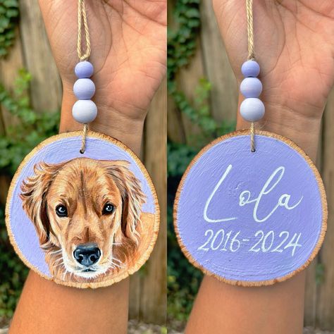 Lola 💜 Acrylic on 4in wood slice Order your ornaments by filling out the Pet Ornament Form in my bio- Add images of your pet and choose a color for your ornament 🎨 Order ASAP to have it for your own tree this year, or order them to gift to a loved one for the holidays. They are also perfect for hanging on your car mirror, or as a door hanger! 🐾🎄🖌️🎁 #acrylicpainting #petornament #petportraits Animal Ornament, Wood Slices, Car Mirror, Door Hanger, Your Pet, Door Hangers, Pet Portraits, This Year, Acrylic Painting