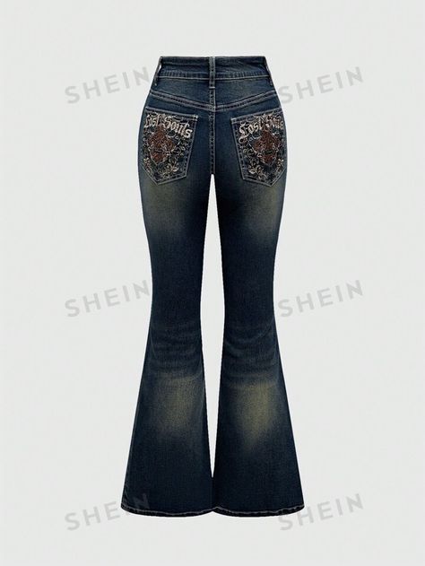 ROMWE Plus Floral Embroidery Flare Leg Jeans | SHEIN USA Star Patches, Wishlist 2024, Y2k Jeans, Christmas Clothes, Grunge Punk, Flare Leg Jeans, Flared Pants, Denim Flares, Y2k Style