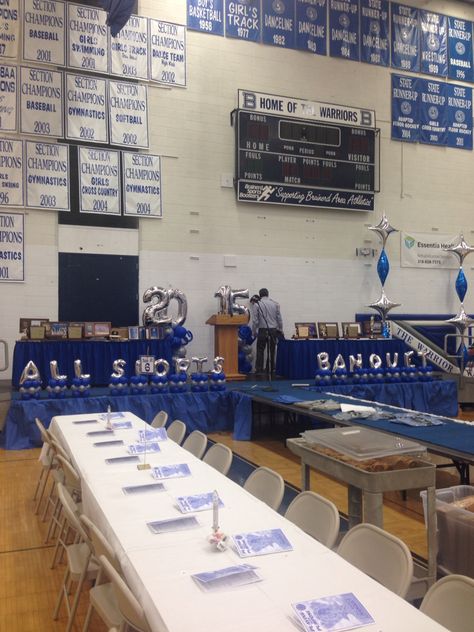 All Sports Banquet! Sport Banquet Ideas, Middle School Sports Banquet, High School Sports Banquet Decorations, High School Baseball Banquet Decor, Athletic Banquet Table Decorations, High School Sports Banquet, Sports Banquet Decorations, Athletic Banquet, Sports Banquet