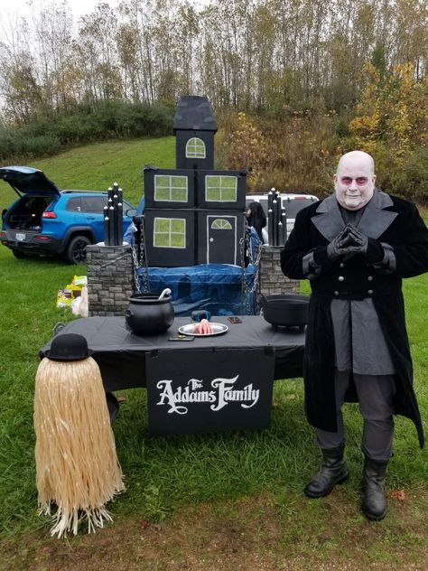 Adams Family Backdrop, Addams Family Diy Decorations, Halloween Addams Family Decor, Adam’s Family Decorations, Adams Family Halloween Decor, Diy Addams Family Decor, Trunk Or Treat Addams Family, Wednesday Addams Trunk Or Treat, Adam’s Family Trunk Or Treat Ideas