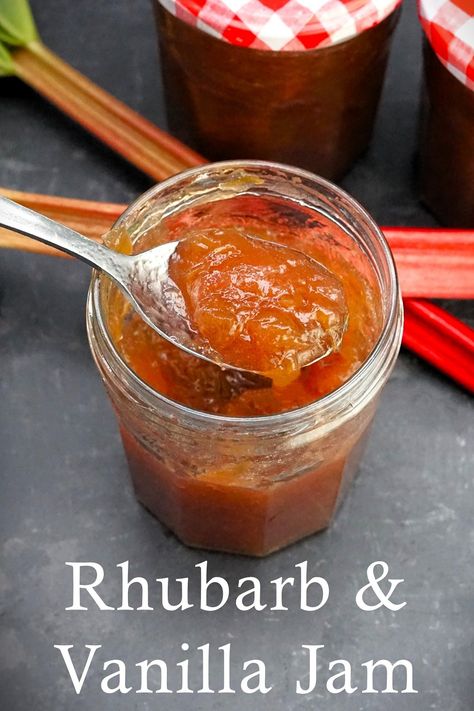 An open jar of orangey-pink coloured jam viewed from above with a spoonful of jam being taken out. Behind can be seen red and green sticks of rhubarb and two more jars of jam with their red and white gingham patterned lids on. Rhubarb Cinnamon Jam, Rhubarb Vanilla Jam, Vanilla Jam, Rhubarb Jam, Rhubarb And Custard, Jam Recipe, Bread Butter, Bread And Butter, Jams & Jellies