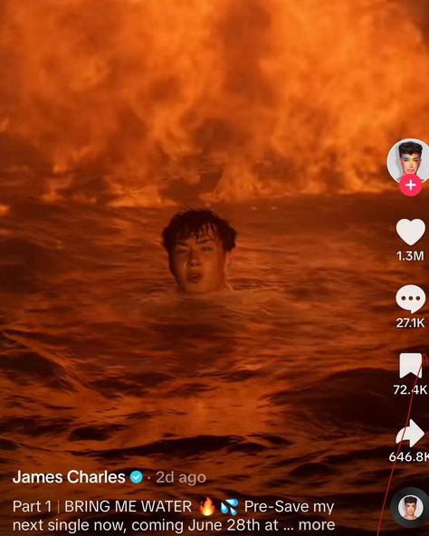 James Charles promos his new single "Bring Me Water" with a teaser clip of him singing a hymn-like tune in a lake of fire. Lake Of Fire, Digital Footprint, James Charles, Singing, Bring It On, Lake, Celebrities, Water, Quick Saves