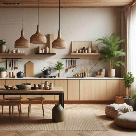 Japandi Kitchen - Natural Materials Japandi Backsplash, Plants Japandi, Japandi Kitchen Island, Japandi Interiors Kitchen, Japandi Kitchen Ideas, Japandi Color Palette, Interior Japandi, Japandi Style Kitchen, Kitchen Japandi