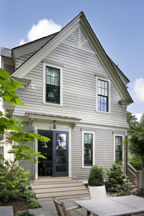 Blue House White Trim, Black Windows Exterior, Dark Blue Houses, Victorian Exterior, Black Houses, Victorian Style House, Dark Windows, Window Trim Exterior, Grey Exterior