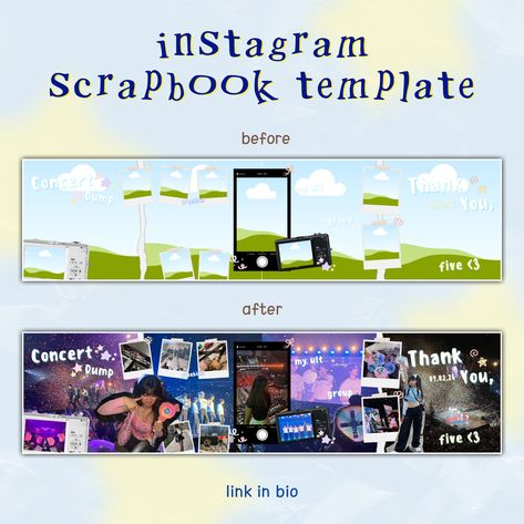 Scrapbook Concert Ideas, Ig Carousel Design, Scrapbook Ig Post, Dump Ig Story, Ig Carousel, Free Canva Templates, Online Scrapbook, Scrapbook Template, Instagram Collage