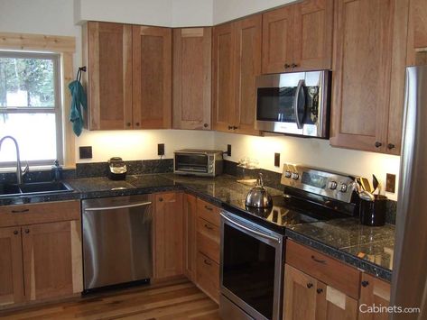 Kitchen With Dark Countertops, Framed Cabinets, Natural Cabinets, Discount Cabinets, Order Kitchen, Dark Countertops, Kitchen Updates, Cherry Kitchen, Online Kitchen Cabinets