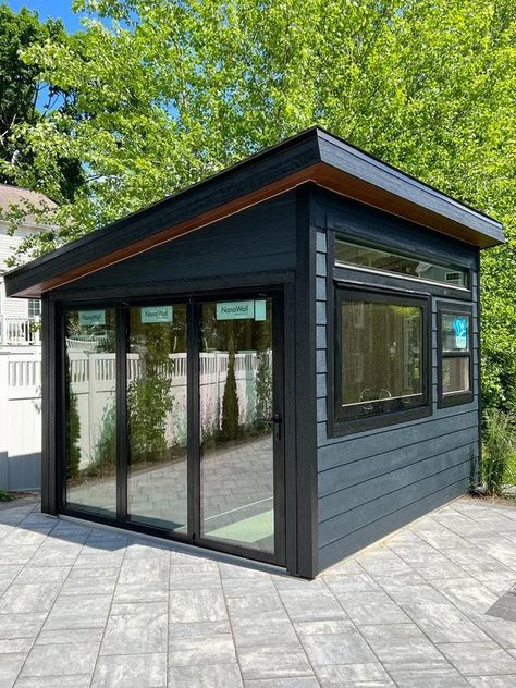 Shed Lean To Addition, Shed Deck Ideas, Studio Shed Ideas, Modern She Shed, Zen Shed, Finished Shed, Outdoor Office Shed, Art Studio Shed, Shed Deck