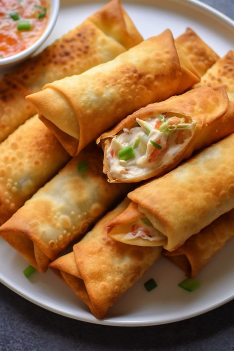 Crab Rangoon Egg Rolls - That Oven Feelin Crab Rangoon Egg Rolls, Egg Roll Wrapper, Crispy Egg, Bite Size Food, Crab Rangoon, Egg Roll Recipes, Appetizers Easy Finger Food, Going Vegetarian, Egg Roll