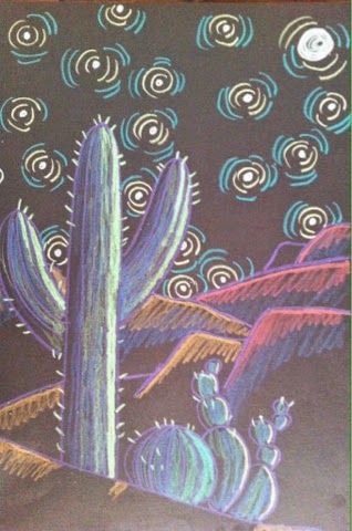 Desert Background Drawing, Chalk Pastel Projects Middle School, Cactus And Mountains Drawing, Middle School Landscape Art Lesson, Value Cactus Art Lesson, Judaica Art, Contour Drawing, Sidewalk Chalk Art, Desert Art