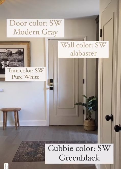 Neutral Painted Interior Doors, Warm Neutral Hallway Paint Colors, Modern Farmhouse Wall And Trim Colors, Interior Door Colors With Grey Walls, Greige Interior Doors And Trim, Grey Wood Floors Paint Colors, Oak Floor Color Scheme, Wall And Door Paint Ideas, Interior Paint Colors For House Neutral Walls