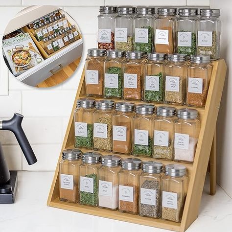 ECLECTICS KC Wooden Spice Rack Organizer for Kitchen Drawer, Cabinet, and Countertop - Organic Bamboo- 3 Tier Shelf -Includes 48 Stickers & Anti-Slip Pads Spice Rack Design, Bamboo Spice Rack, Maximize Kitchen Space, 3 Tier Shelf, Drawer Spice Rack, Spice Rack Organization, Countertop Spice Rack, Spice Rack Storage, Cabinet Spice Rack