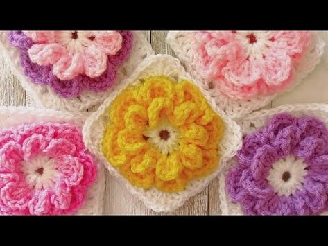 Double Blooming 3D Daisy Granny Square/ Flower Granny Square Tutorial/@CherishedMemoriesCrochet - YouTube 3d Daisy Granny Square, Crochet 3d Flower Granny Square, 3d Flower Granny Square, Flower Granny Square Crochet, Granny Square Flower, Crochet Flower Granny Square Pattern, Wool Flowers, Crochet Flower Squares, Granny Square Tutorial