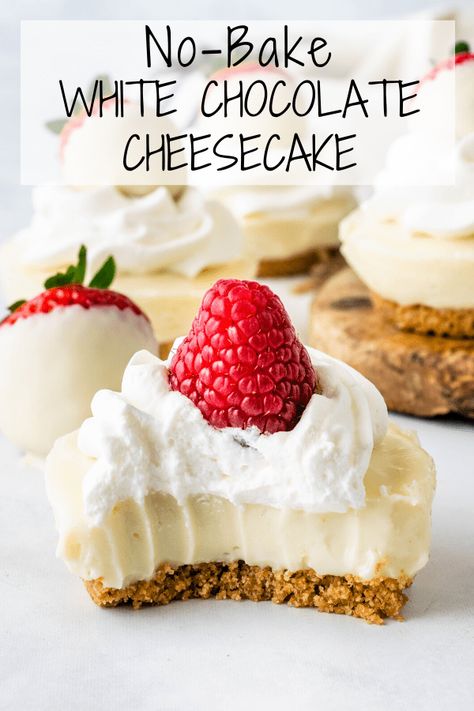 No-Bake White Chocolate Cheesecake #cheesecake #nobake #whitechocolate #minicheesecake #dessert #easy #summer White Chocolate Cheesecake Pie, No Bake White Chocolate Cheesecake, Baked White Chocolate Cheesecake, White Chocolate Desserts, Mini Cheesecake Recipes, White Chocolate Cheesecake, Baked Cheesecake Recipe, Mini Cheesecakes, Chocolate Cheesecake