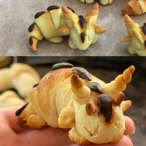 so cute you want to eat it...and can! i saw an adorable clay croissant dragons post here on Thursday and was inspired to try and bake an actually edible versionnot perfect but im happy! :) Croissant Dragon, Clay Croissant, Pie Decoration, Food Shapes, Bread Shaping, Amazing Food Art, Baking Clay, Pastry Desserts, Cute Clay