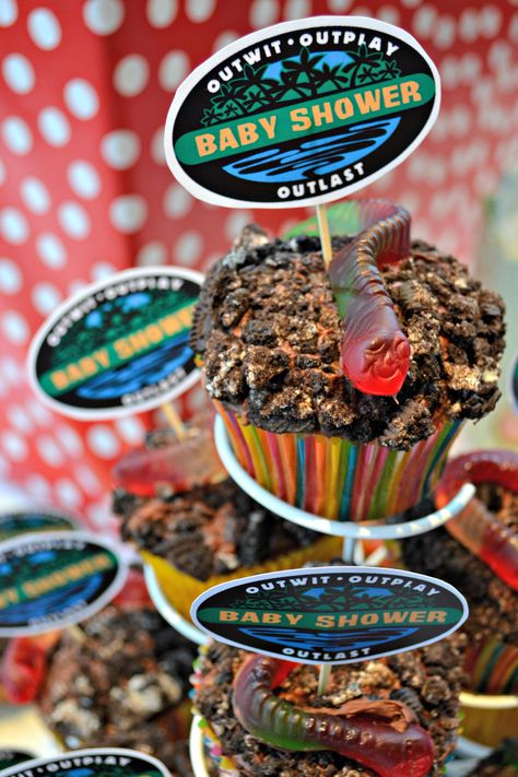 Survivor Food Ideas, Survivor Party Food, Survivor Themed Food, Survivor Theme Party, Watch Party Food, Dirt Cupcakes, Survivor Theme, Bday Surprise, Survivor Idea