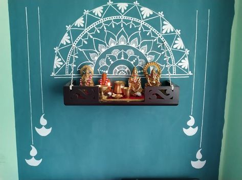 Pooja Room Painting Ideas Indian, Wall Painting For Mandir, Wall Painting Ideas For Mandir, Mandir Wall Painting, Pooja Room Painting Ideas, Indian Mural Wall Art, Wall Painting Indian, Wall Painting Ideas Creative, Simple Wall Paintings