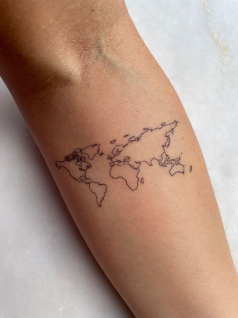 World Map Tattoo Fill In Travel, World Map Tattoo Minimalist, World Map Fine Line Tattoo, World Fine Line Tattoo, World Map Outline Tattoo, World Outline Tattoo, 7 Continents Tattoo, Fine Line Globe Tattoo, Map Of World Tattoo