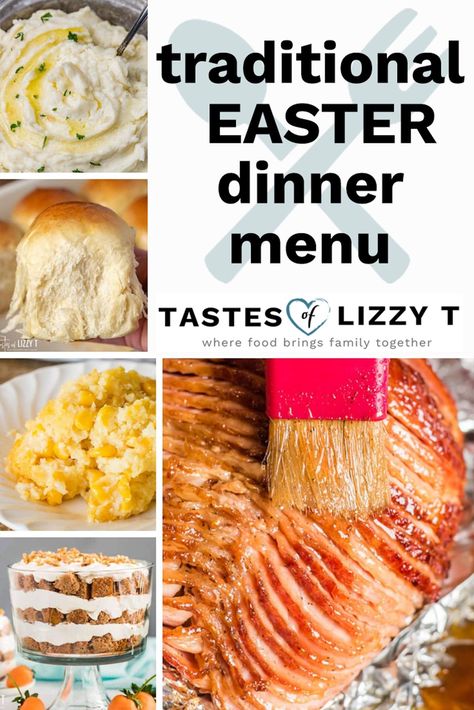 In charge of hosting family and friends for Easter? Find a traditional Easter dinner menu of ham, potatoes, vegetables, bread...and of course a dessert. Easter Ham Dinner, Traditional Easter Dinner, Ham Potatoes, Traditional Easter Desserts, Easy Easter Dinner, Traditional Easter Recipes, Easter Dinner Menus, Potatoes Vegetables, Easter Meal