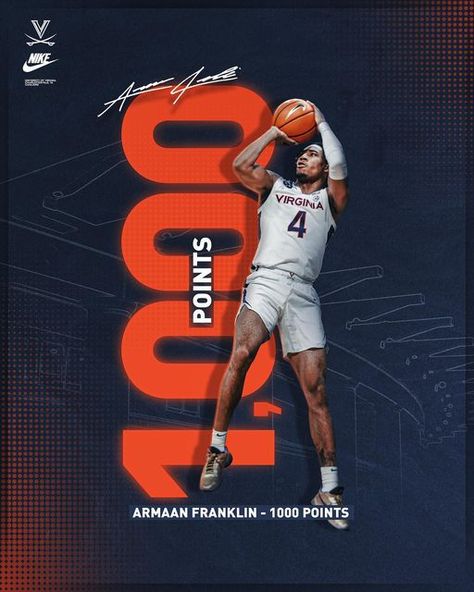 Virginia Men's Basketball on Instagram: "1️⃣,0️⃣0️⃣0️⃣ career points! Congrats, Armaan! 🔶⚔️🔷#GoHoos" Basketball 1000 Points Poster, 1000 Points Basketball Ideas Poster, 1000 Points Basketball Ideas, Basketball Infographic, Basketball Graphic Design, Sports Banners, Sport Graphics, Sport Graphic, Sports Design Inspiration