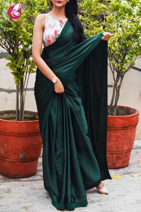 Buy Designer Saree From Siya Fashion Trendy Bottle Green Color Satin Silk Designer Party Wear Saree. #bottlegreen#satin#silk Printed Blouse Saree, Saree Wearing Styles, Sarees For Girls, Indian Sari Dress, Indian Saree Blouses Designs, Saree Designs Party Wear, Indian Fashion Saree, Designer Saree Blouse Patterns, Saree Blouse Designs Latest