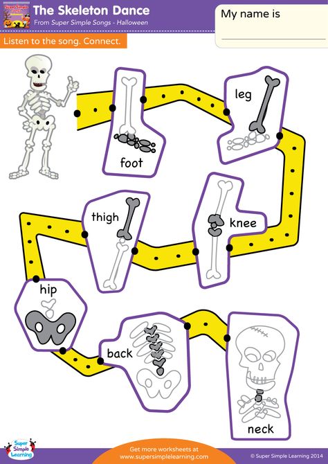 The Skeleton Dance | Super Simple Songs Skeleton Activities, Skeleton Worksheet, Outer Space Halloween, The Skeleton Dance, Halloween Worksheet, October Preschool, Kindergarten Esl, Space Halloween, Fun Song