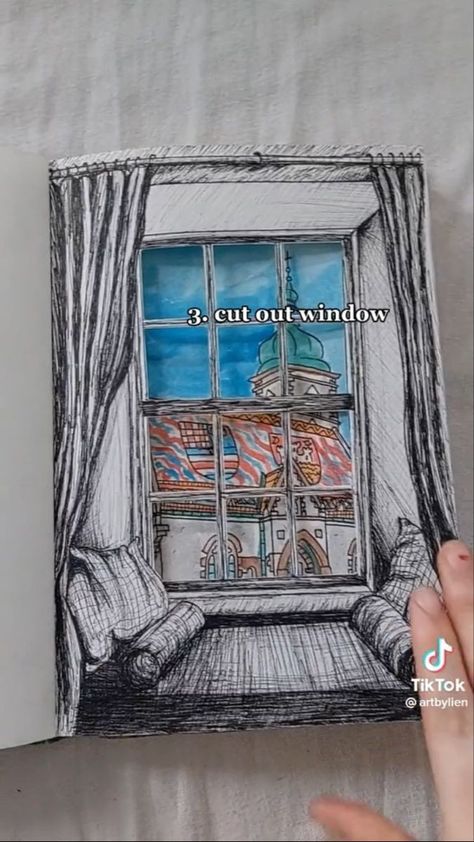 Window In Sketchbook, Sketch Book Theme Ideas, Things To Draw On The Front Of A Sketch Book, Sketchbook Cutout Ideas, Sketbook Ideas Art Journals, Front Page Ideas For Sketch Book, 3d Sketch Book Ideas, Window Journal Page, Front Page Of Sketchbook