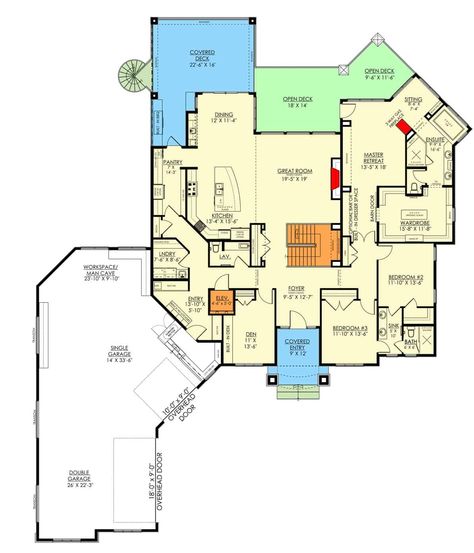 Main level floor plan of a 6-bedroom craftsman style single-story home with foyer, great room, kitchen, dining area, den, three bedrooms, a mudroom leading to the garage, and lots of outdoor spaces. Craftsman With Basement Floor Plan, Floor Plans With Secret Rooms, Large Craftsman House Plans, 6 Room House Plan Layout, Large Kitchen House Plans, Ada House Plans Wheelchairs, Master Suite Layout Floor Plans, Bonus Room Layout, Cool Home Features