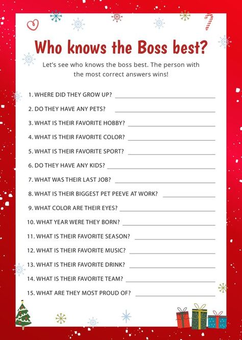 Who knows the Boss Best | Christmas Office Party Games Christmas Staff Ideas, Office Christmas Activity Ideas, Work Christmas Activities, Teacher Christmas Party Ideas, Work Christmas Party Games The Office, Staff Christmas Games, Christmas Activities For Work, Holiday Office Games, Employee Christmas Party Games