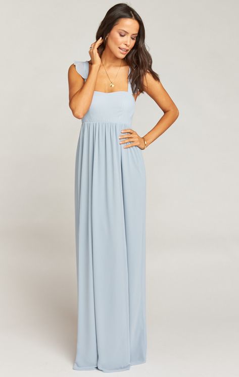 June Maxi Dress ~ Steel Blue Chiffon | Show Me Your MuMu Tiffany Pollard, Steel Blue Bridesmaid Dresses, How Many Bridesmaids, Empire Maxi Dress, Mock Wrap Dress, Bridal Party Gowns, Elegant Bridesmaid Dresses, Mumu Dress, Midi Ruffle Dress