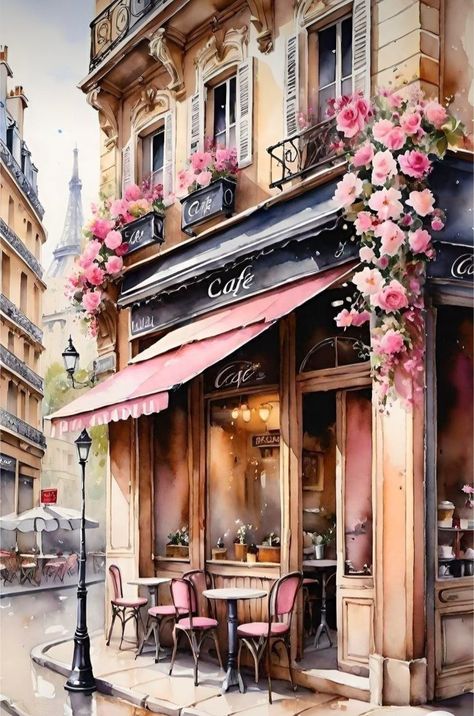 Paris Street Drawing, Bubble Drawing, Pink Canvas Art, Cafe Concept, Planner Art, Cafe Art, Paris Cafe, Architectural Sketch, 수채화 그림