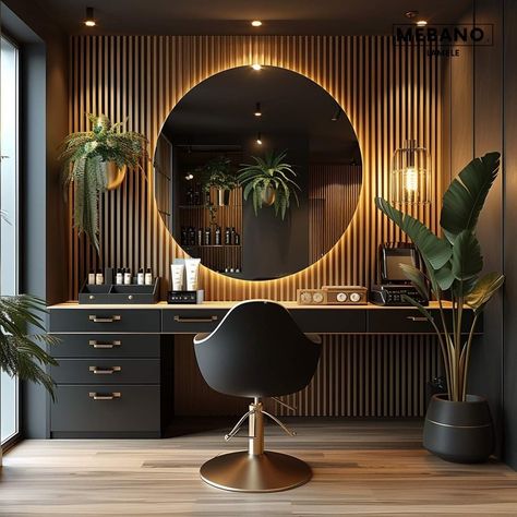 Beauty Salon Makeup Station, Medspa Bathroom, Small Studio Salon Ideas, Black Salon Suite, Small Hair Salon Interior Design Ideas, Makeup Studio Decor Ideas, Black Salon Interior, Salon Update, Saloon Decor Interior Design