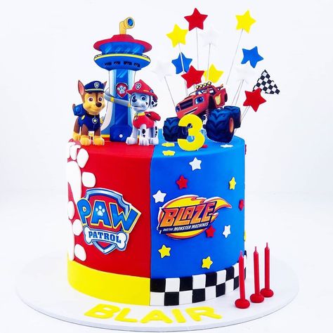 Blaze Cakes For Boys, Blaze Cake Ideas, Half And Half Cake Designs, Paw Patrol Birthday Cakes, Blaze Cake, Blaze Birthday Cake, Paw Print Cakes, Blaze Cakes, Race Track Cake