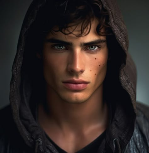 Hooded Male Character, Male Book Character Inspiration, Dark Hair Male Character Inspiration, Book Character Inspiration, Male Fanart, Male Character Inspiration, Wattpad Character, Dark Blue Eyes, Blue Eyed Men